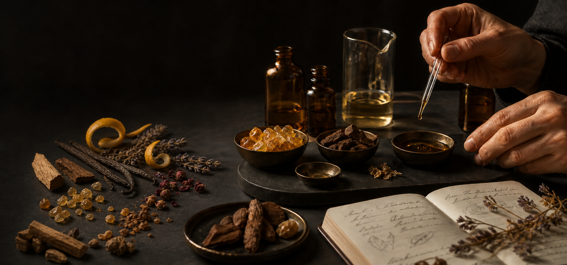 Manos trabajando con pipeta, frascos, ingredientes de perfumería y una libreta